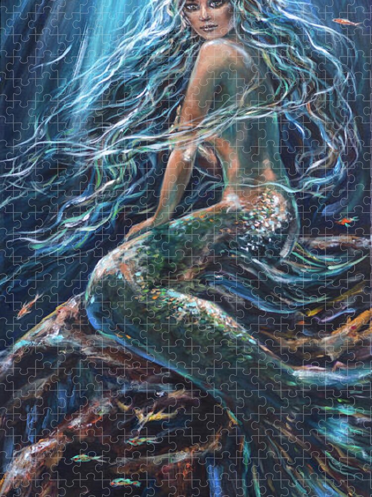 Mermaid Jigsaw Puzzle featuring the painting Darkness Darkness by Linda Olsen