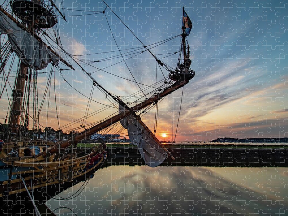 Dawn Through Kalmar Nyckel Rigging Jigsaw Puzzle featuring the photograph Dawn through Kalmar Nyckel Rigging by Jeff Folger