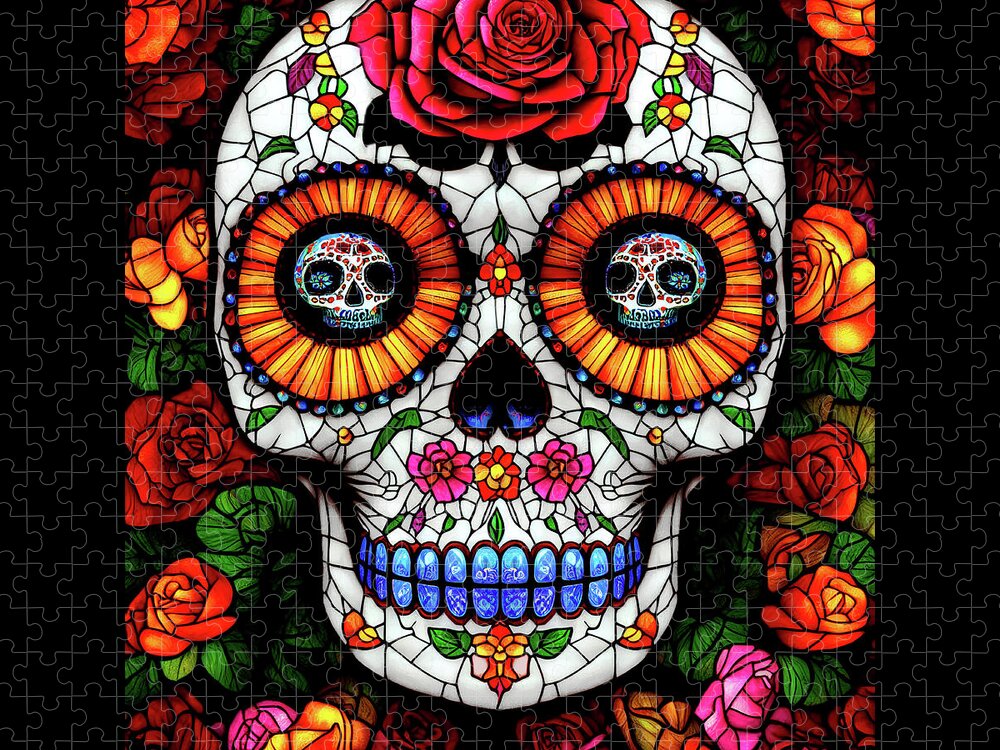 Sugar Skulls Jigsaw Puzzle featuring the digital art Day of the Dead Sugar Skull by Peggy Collins