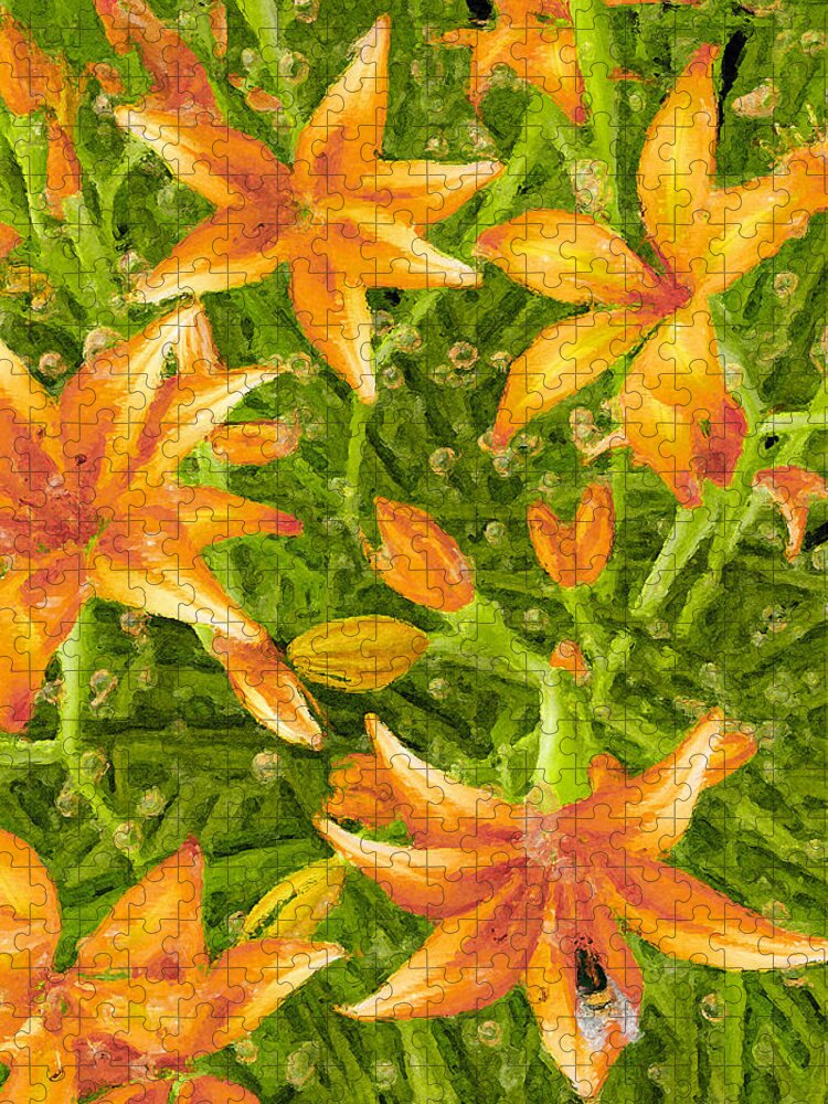 Daylilies Jigsaw Puzzle featuring the painting Daylilies in the Rain by Peter J Sucy