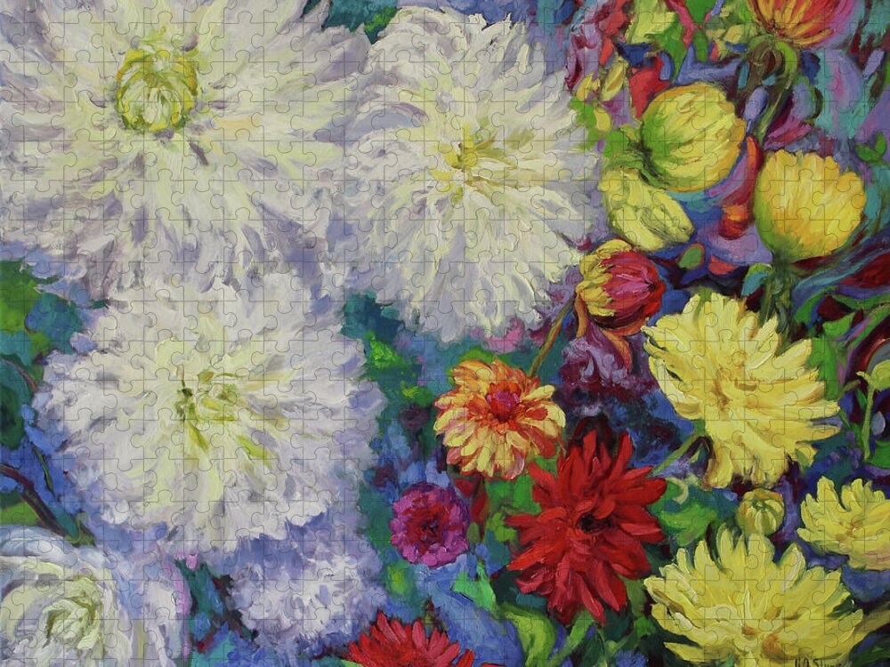 Dahlia Canvas Jigsaw Puzzle featuring the painting Dazzling Dahlias by Kristen Olson Stone