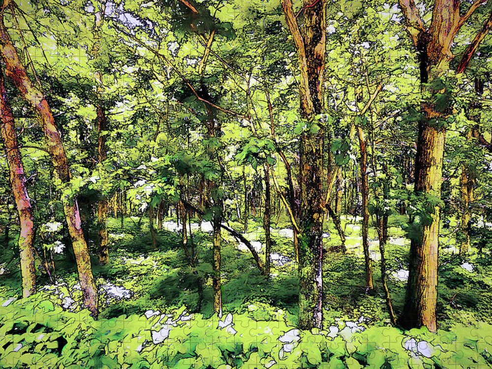 North Carolina Jigsaw Puzzle featuring the digital art Deep Forest Trees and Greens FX by Dan Carmichael