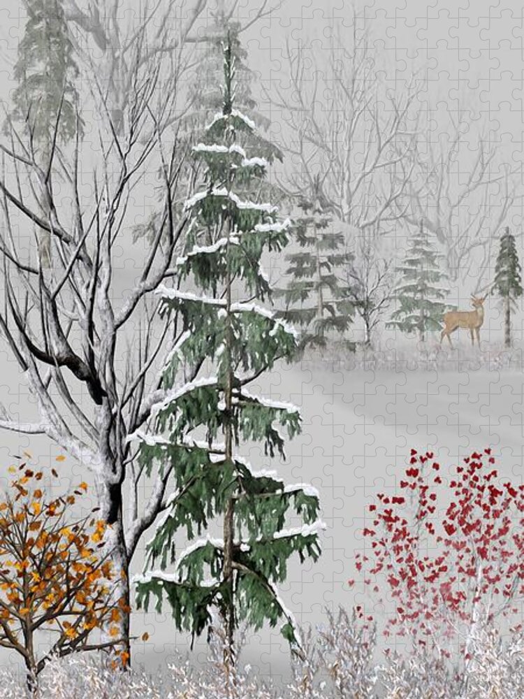 Wildlife Jigsaw Puzzle featuring the mixed media Deer in the Distance Winter Morning by David Dehner