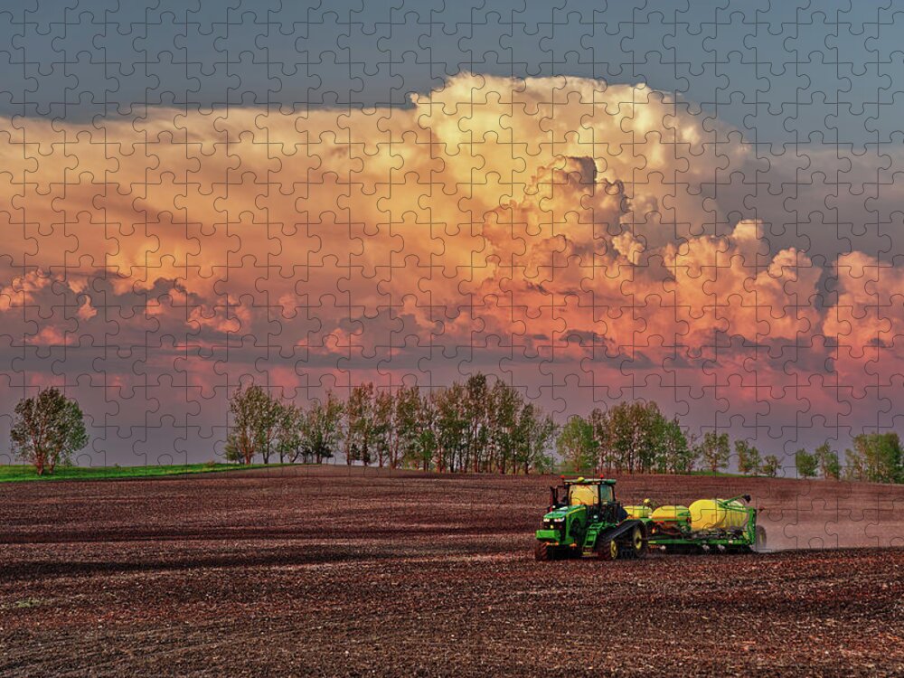 John Deere Jigsaw Puzzle featuring the photograph Deere in its Natural Habitat - John Deere tractor and corn seeder in a beautiful ND spring setting by Peter Herman