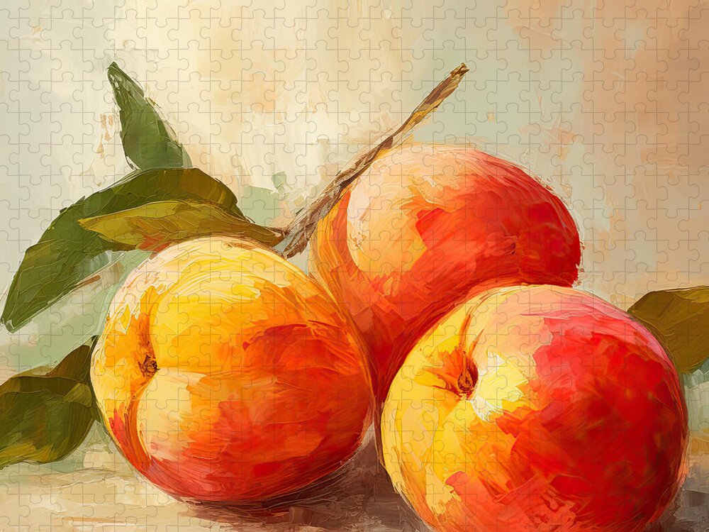 Peaches Artwork Jigsaw Puzzle featuring the painting Three Peaches - Peaches Art by Lourry Legarde