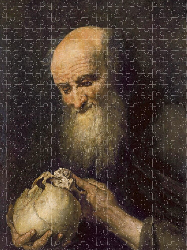 Circle Of Jan Cossiers Jigsaw Puzzle featuring the painting Democritus with a skull by Circle of Jan Cossiers