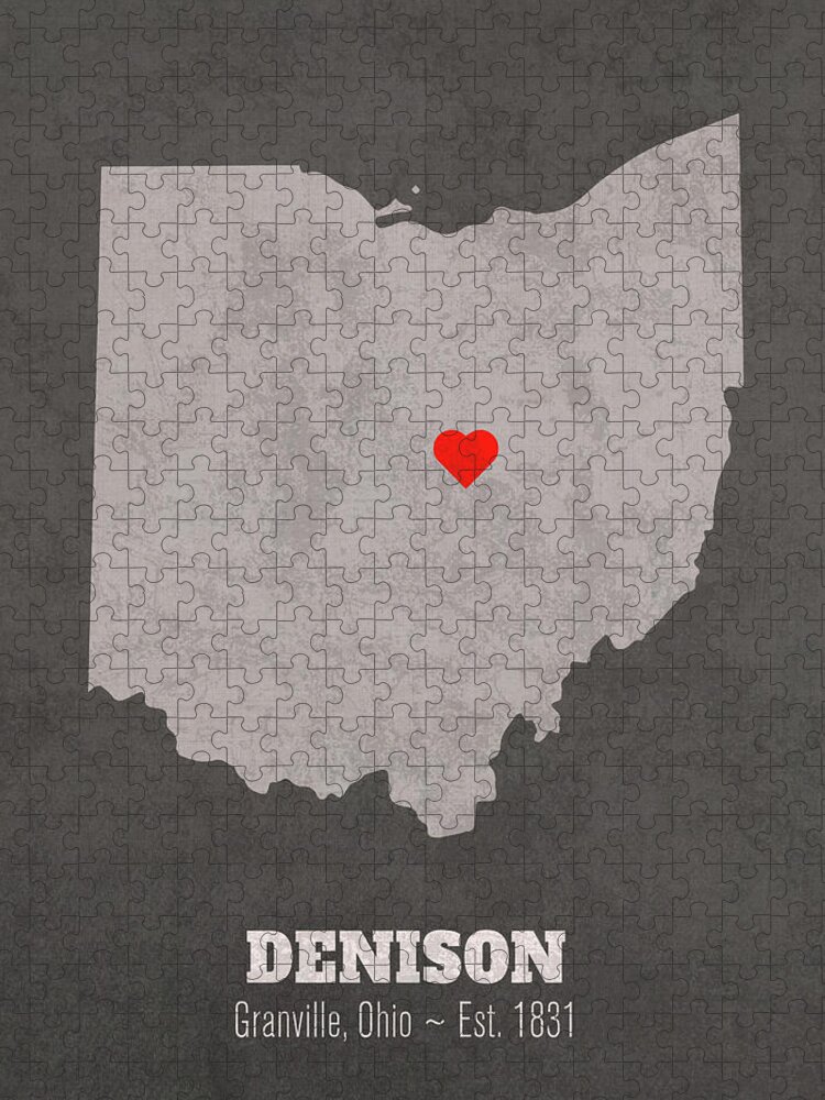 Denison University Jigsaw Puzzle featuring the mixed media Denison University Granville Ohio Founded Date Heart Map by Design Turnpike
