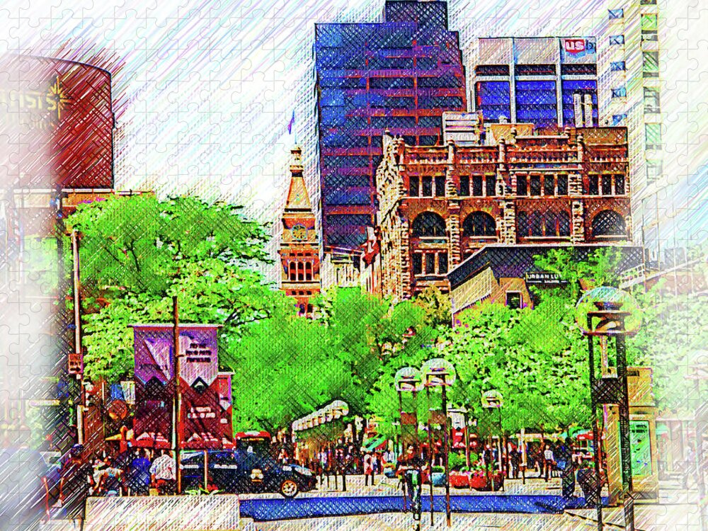 Denver Jigsaw Puzzle featuring the digital art Denver Pedestrian Mall Sketched by Kirt Tisdale