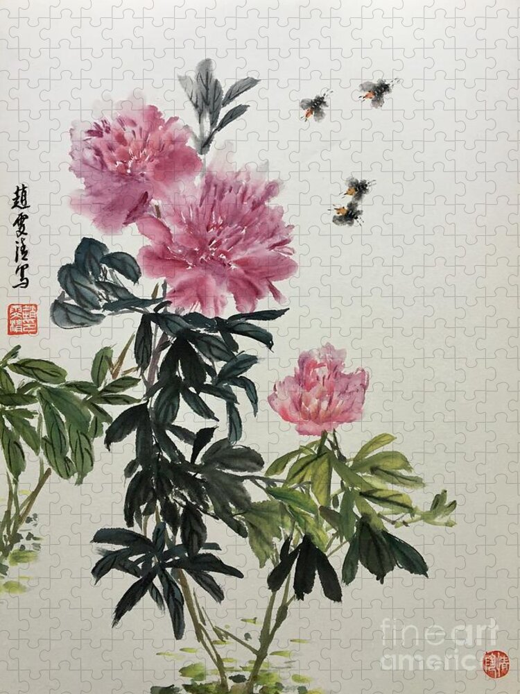 Peony Flowers Jigsaw Puzzle featuring the painting Depend On Each Other - 2 by Carmen Lam