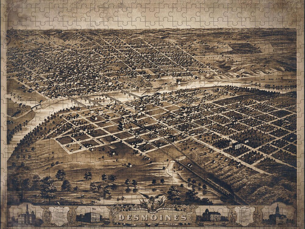 Des Moines Jigsaw Puzzle featuring the photograph Des Moines Iowa Vintage Map Birds Eye View 1868 Sepia by Carol Japp