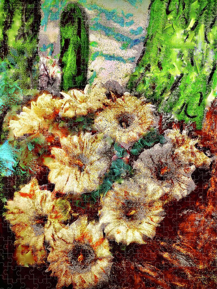Paintings Of Lizards Jigsaw Puzzle featuring the mixed media Desert Flowers by Bencasso Barnesquiat