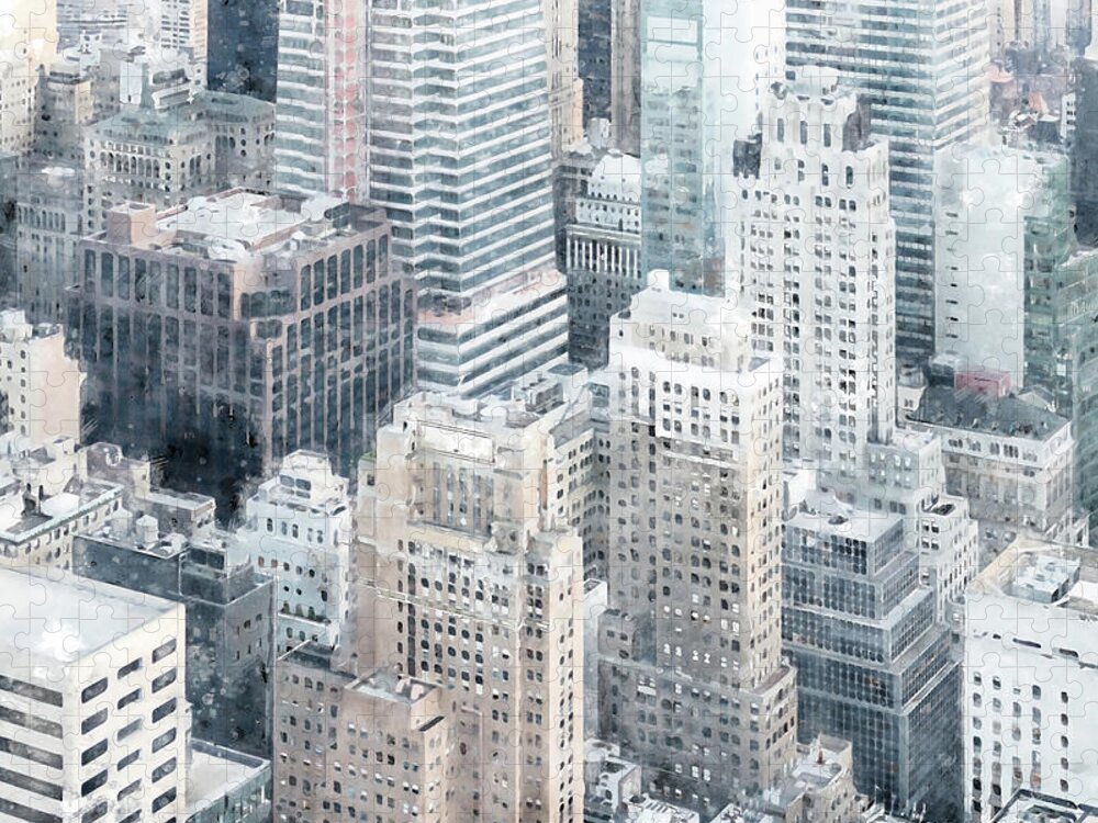 Watercolor Sketch Jigsaw Puzzle featuring the digital art Digital watercolor painting New York City skyscrapers in midtown Manhattan aerial panorama view by Maria Kray
