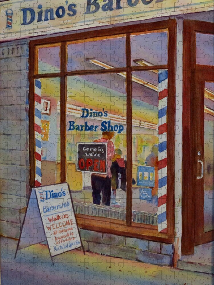 Canada Jigsaw Puzzle featuring the painting Dino's Barbershop by David Gilmore