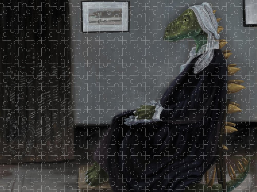 Dinosaur Jigsaw Puzzle featuring the digital art Dinosaur Mother in chair after Whistler by Martin Davey