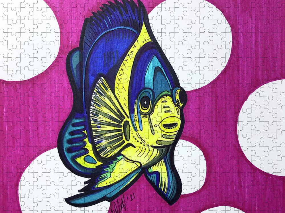 Discus Fish Jigsaw Puzzle featuring the drawing Discus Fish Blue and Yellow by Creative Spirit