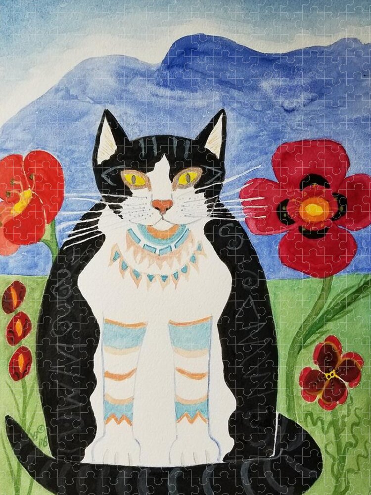 Watercolor Jigsaw Puzzle featuring the painting Diwali Tux Cat by Vera Smith