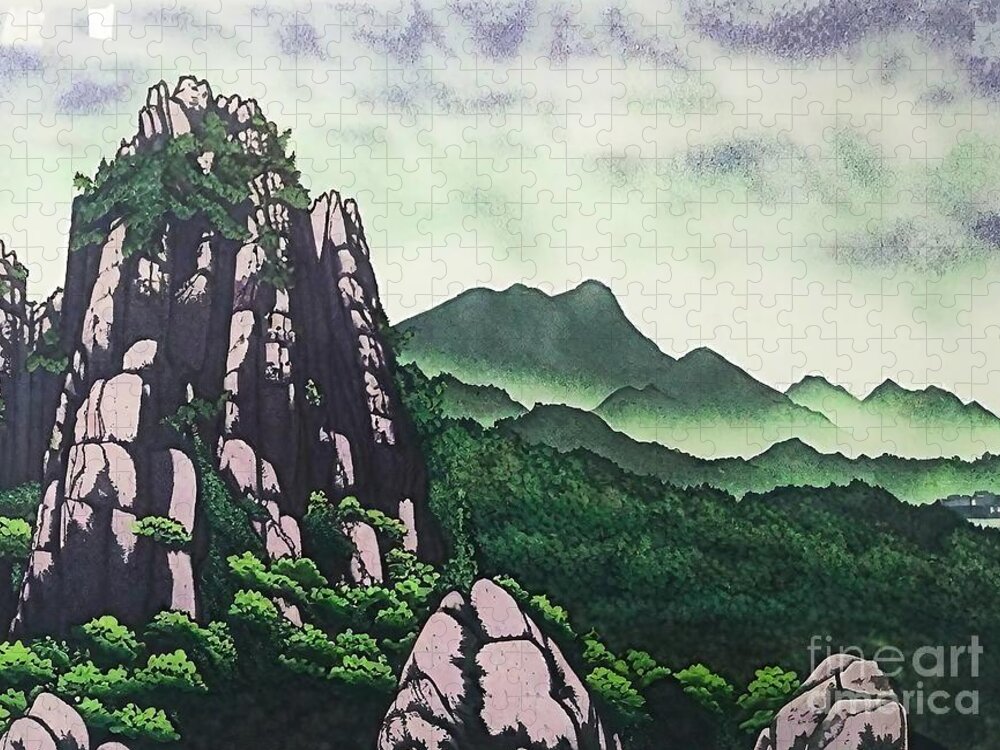 Cliffs Jigsaw Puzzle featuring the painting Dobong Mountain Painting cliffs rock formations eungbong mountain green mountain abstract art asia autumn calligraphy canyon chinese cloud countryside drawing east elegance famous fantasy fog forest by N Akkash