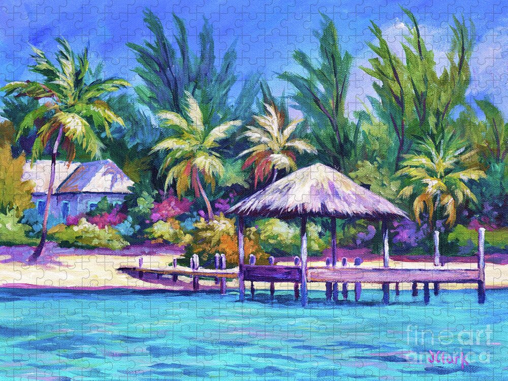 Dock Jigsaw Puzzle featuring the painting Dock with Thatched Cabana by John Clark