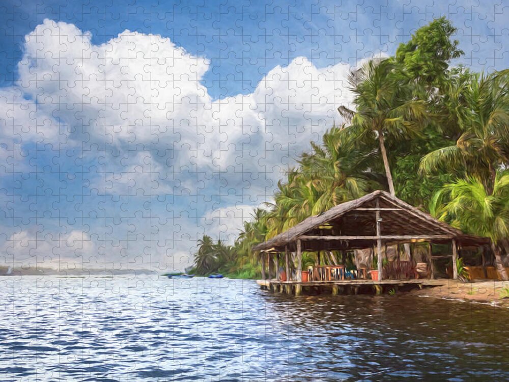 African Jigsaw Puzzle featuring the photograph Dockhouse Under the Palms Painting by Debra and Dave Vanderlaan