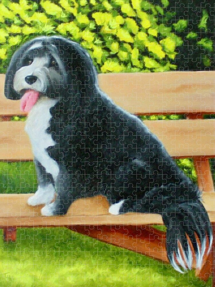Pet Portrait Jigsaw Puzzle featuring the painting Dog on a Park Bench by Tracy Hutchinson