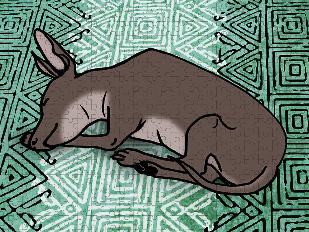 Xolo Jigsaw Puzzle featuring the painting Dog on Green Ornament by Masha Batkova