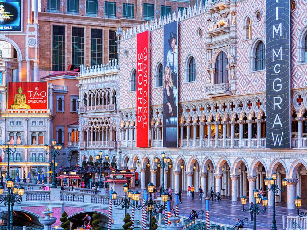 The Venetian Las Vegas Jigsaw Puzzle featuring the photograph Doge's Palace Plaza Las Vegas, at dusk by Tatiana Travelways