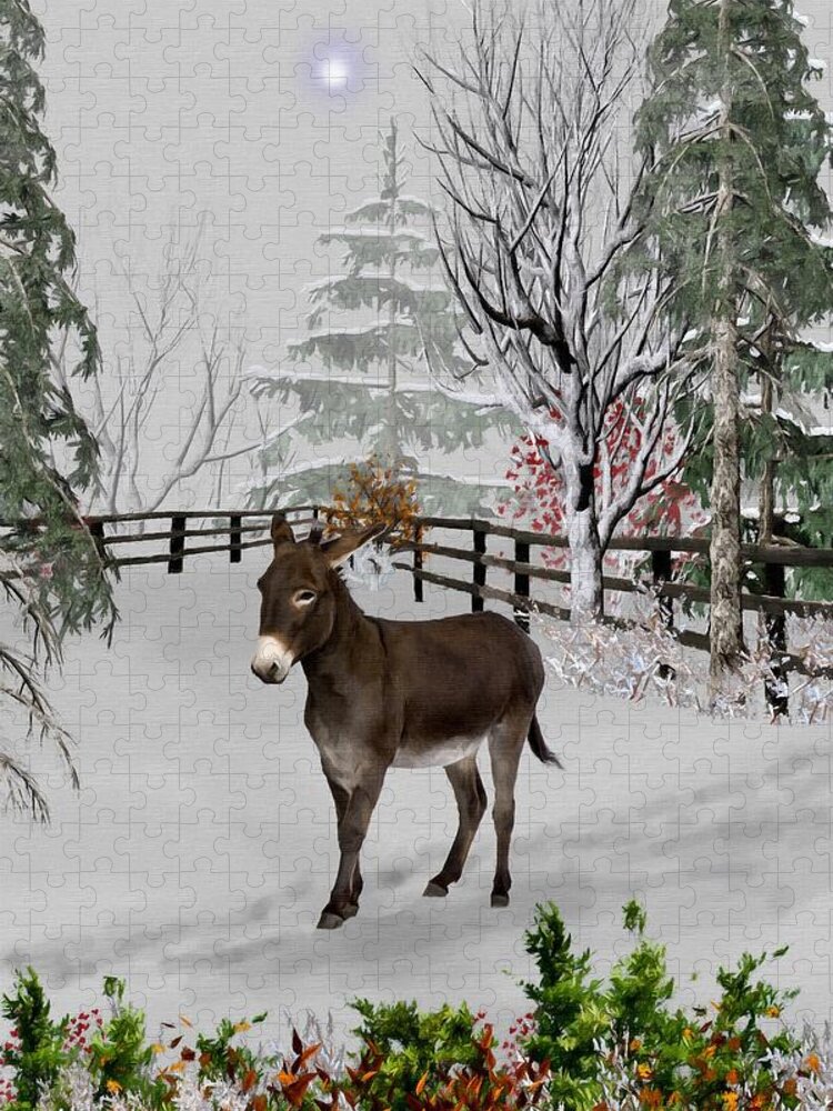 Donkey Jigsaw Puzzle featuring the mixed media Donkey In The Winter Corral Color by David Dehner