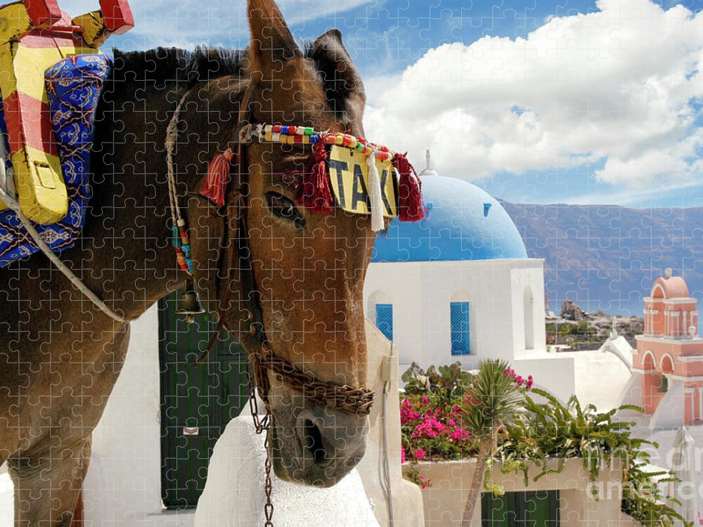 Santorini Jigsaw Puzzle featuring the photograph Donkeys as taxis through the small streets of Oia, Santorini. by Gunther Allen