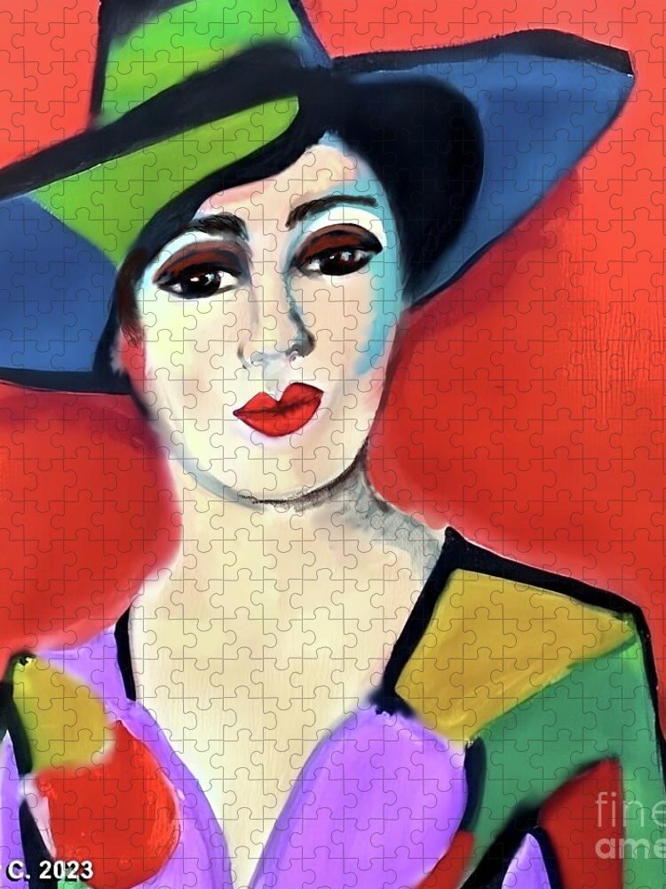 Contemporary Art Jigsaw Puzzle featuring the digital art Donna with Hat by Stacey Mayer