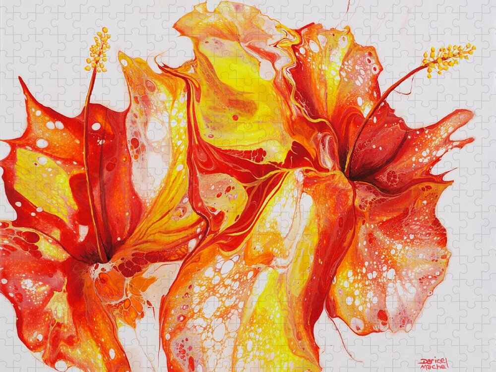 Flower Jigsaw Puzzle featuring the painting Double Red and Yellow Hibiscus by Darice Machel McGuire
