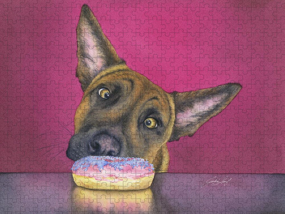 German Shephard Jigsaw Puzzle featuring the painting Doughnut Hound by Julie Senf