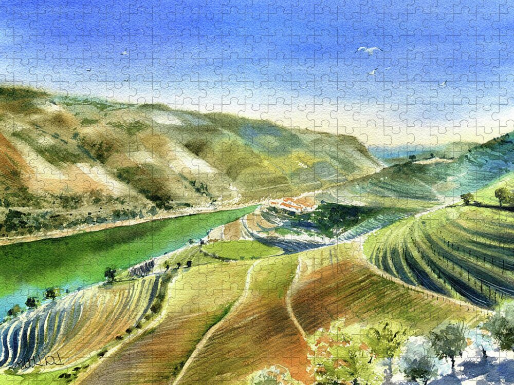 Portugal Jigsaw Puzzle featuring the painting Douro Valley Scenery Painting by Dora Hathazi Mendes