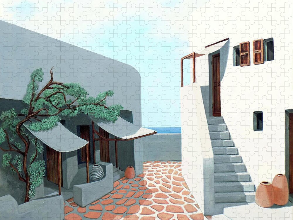 Greek Island Art Jigsaw Puzzle featuring the painting Down by the Sea in Mykonos-Original-Prints-Decor-more by Mary Grden