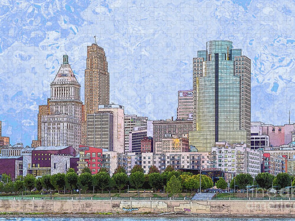 Cincinnati Jigsaw Puzzle featuring the digital art Downtown Cincinnati - the Banks by Bentley Davis