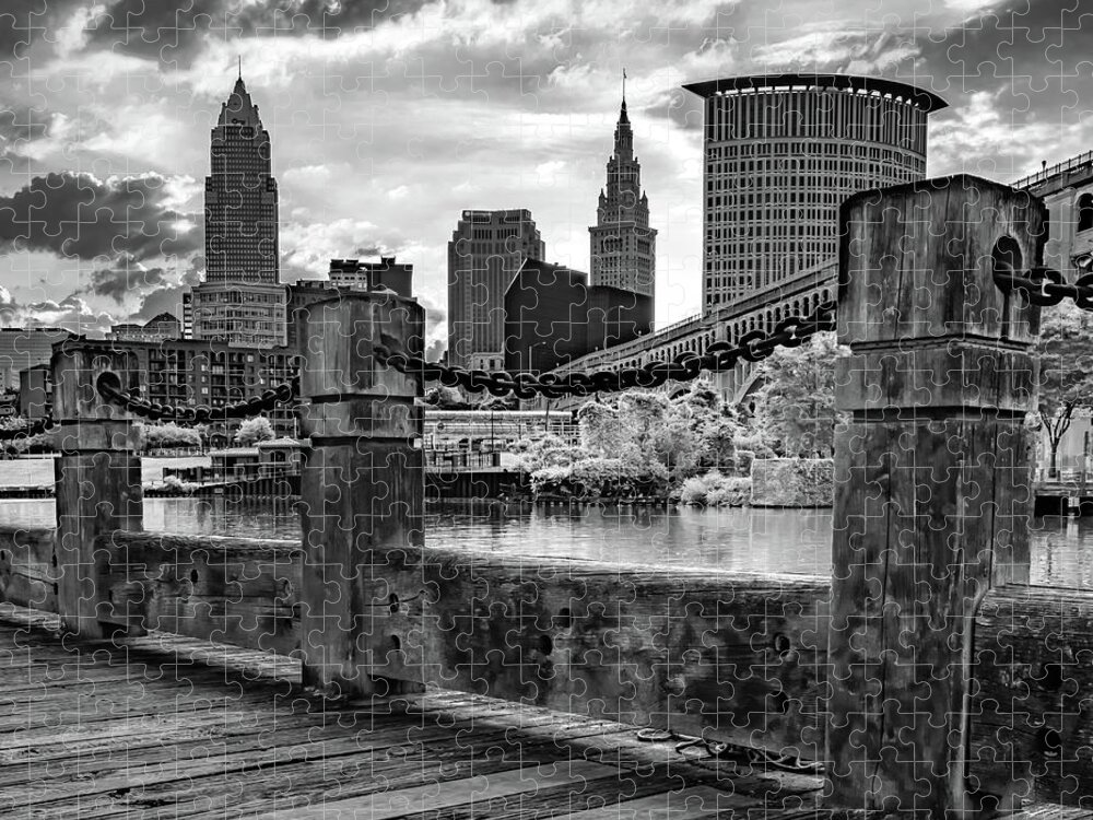 Cleveland Skyline Jigsaw Puzzle featuring the photograph Downtown Cleveland Skyline Along The Cuyahoga River - Black and White by Gregory Ballos