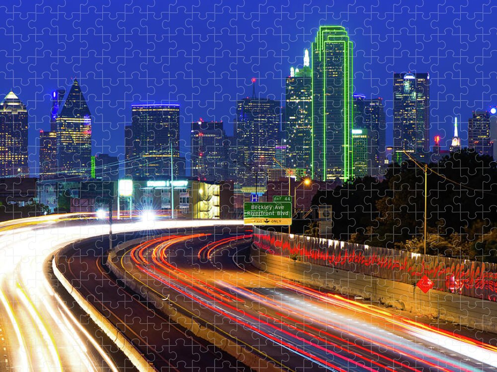 Dallas Skyline Jigsaw Puzzle featuring the photograph Downtown Dallas Texas City Skyline at Dusk by Gregory Ballos