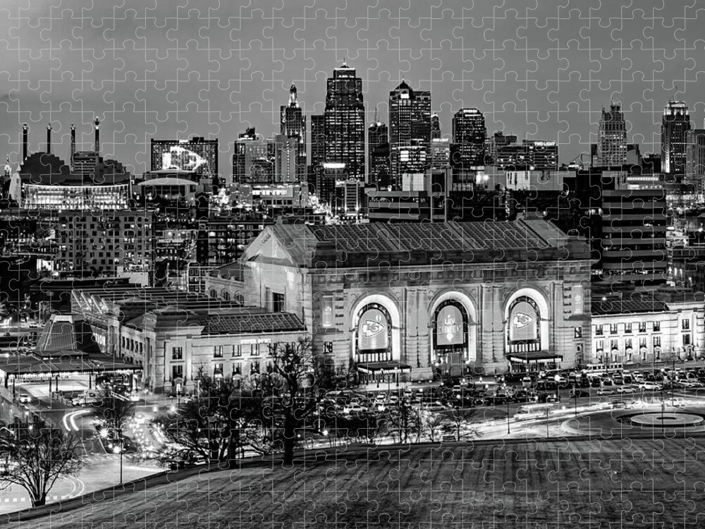 Kansas City Chiefs Jigsaw Puzzle featuring the photograph Downtown Kansas City Over Union Station With Chiefs Banners - Monochrome Edition by Gregory Ballos