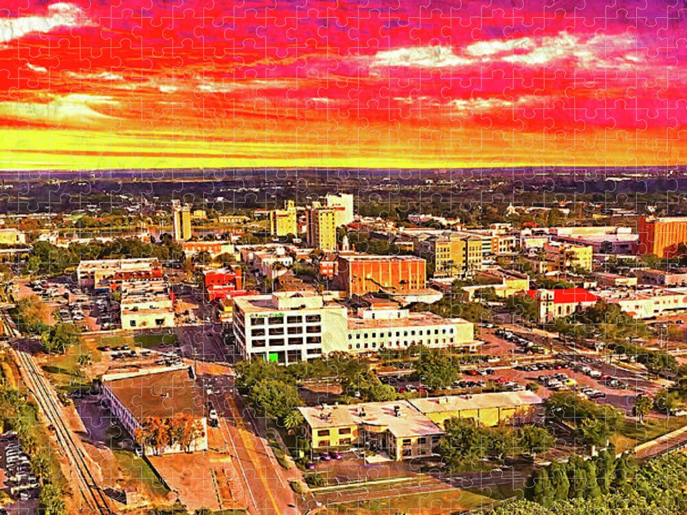 Downtown Lakeland Jigsaw Puzzle featuring the digital art Downtown Lakeland, Florida, at sunset - digital painting by Nicko Prints