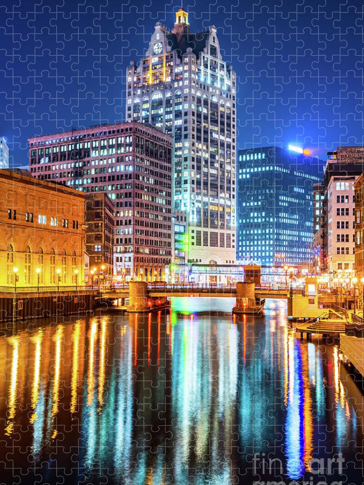2017 Jigsaw Puzzle featuring the photograph Downtown Milwaukee River Cityscape at Night Photo by Paul Velgos