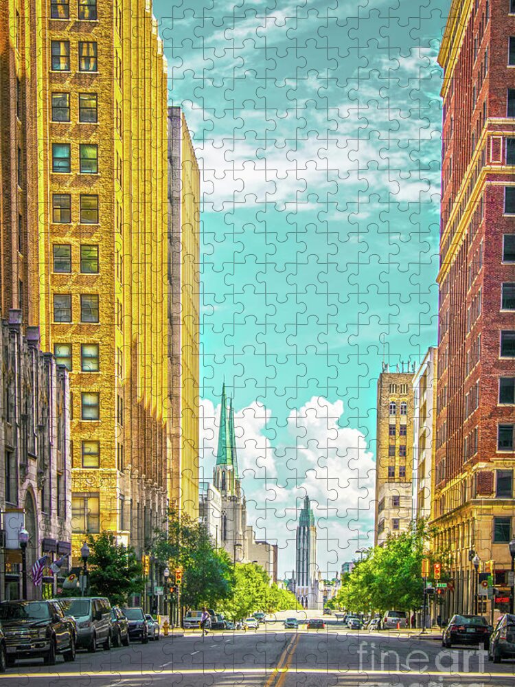 Main Street Jigsaw Puzzle featuring the photograph Downtown Tulsa with turquoise sky - Modern and Art Deco building by Susan Vineyard