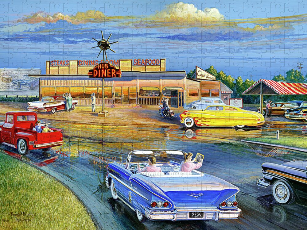 1958 Jigsaw Puzzle featuring the painting Dragging the Circle - Hub Diner by Randy Welborn