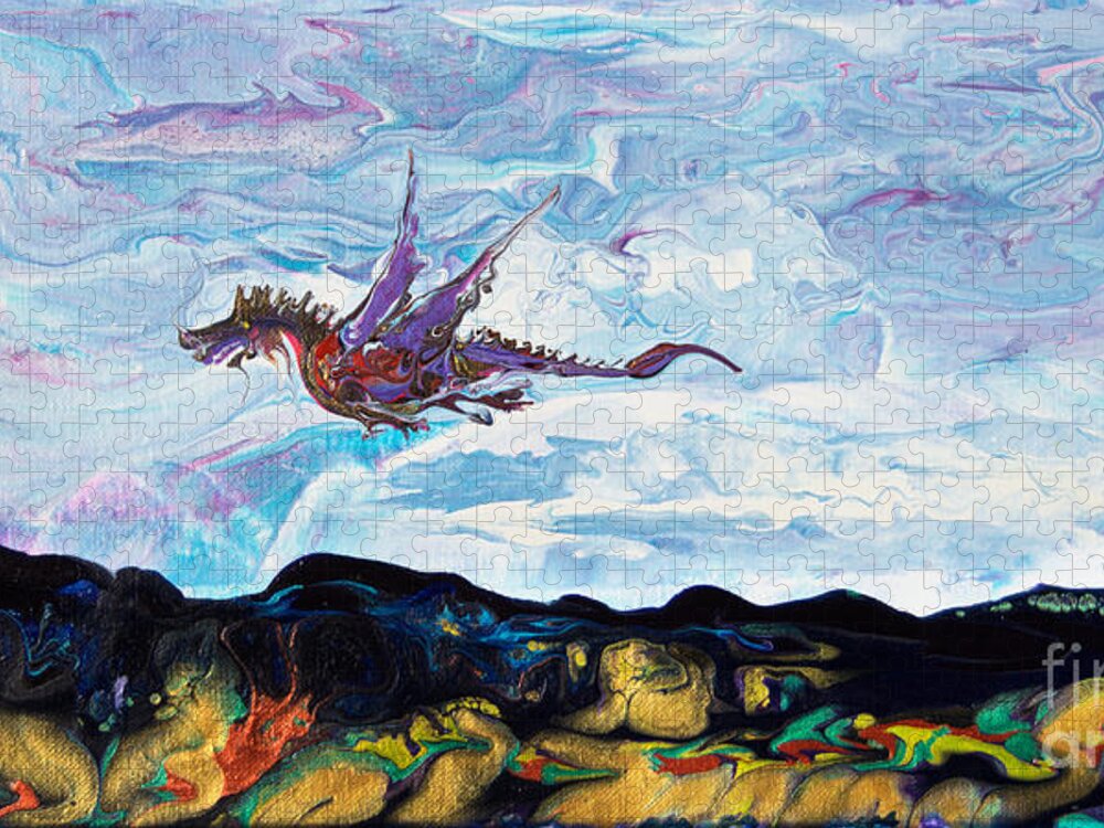Dragon Fantasy Landscape Jigsaw Puzzle featuring the painting Dragon Breezin By7403 by Priscilla Batzell Expressionist Art Studio Gallery