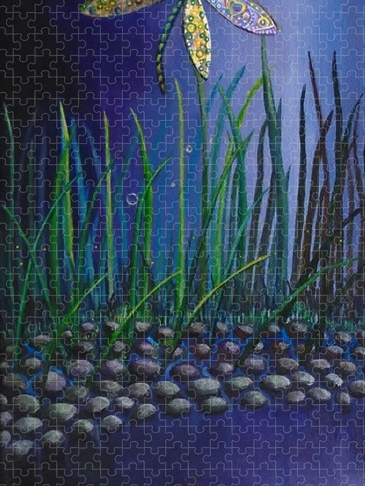 Dragonfly Jigsaw Puzzle featuring the painting Dragonfly at the Bay II by Mindy Huntress