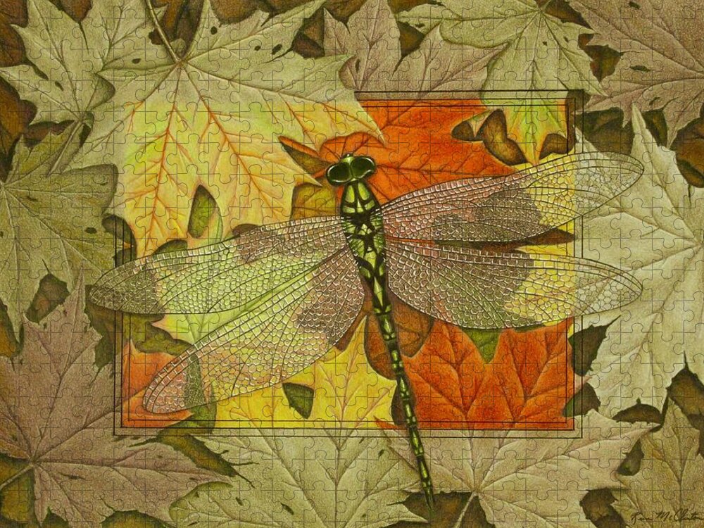 Kim Mcclinton Jigsaw Puzzle featuring the drawing Dragonfly Fall by Kim McClinton