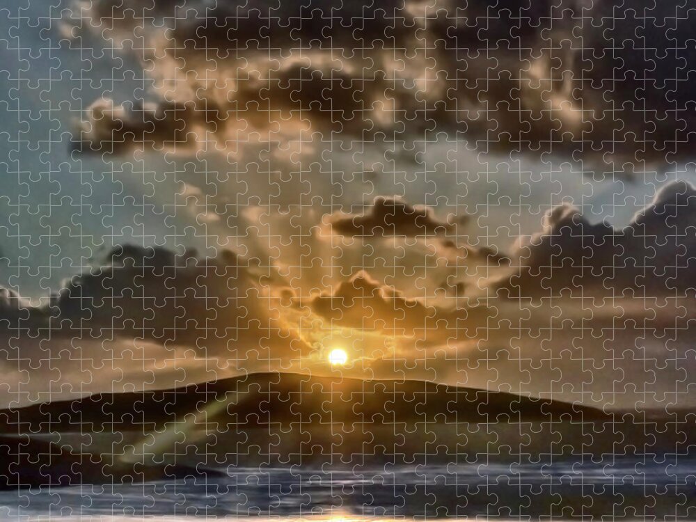 Dramatic Sunset Blue Yellow Round Sun Rays Glen Water Sea Mountain Beautiful Magnificent Stunning Serenity Solitary Nature Powerful Clouds Sky Shining Scotland Harris Highlands Mountains Setting Landscape Panorama Panoramic Breathtaking Spectacular Exciting Mindfulness Relaxing Artistic Unwinding Stylish Exceptional Singular Memorable Phenomenal Eccentric Awesome Electrifying Stimulating Intoxicating Sensational Thrilling Splendid Atmospheric Aesthetic Charming Outer Hebrides Fantastic Magical Jigsaw Puzzle featuring the photograph Dramatic sunset at sea and mountains by Tatiana Bogracheva