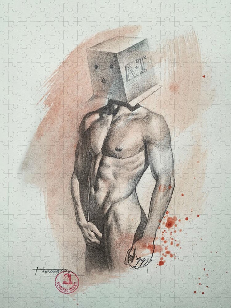 Male Nude Jigsaw Puzzle featuring the drawing Drawing-Don't want see you by Hongtao Huang