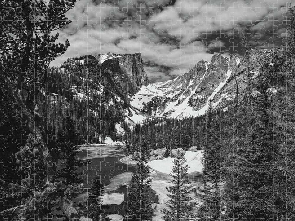 Dream Lake In Snow Black And White Jigsaw Puzzle featuring the photograph Dream Lake In Snow Black And White by Dan Sproul