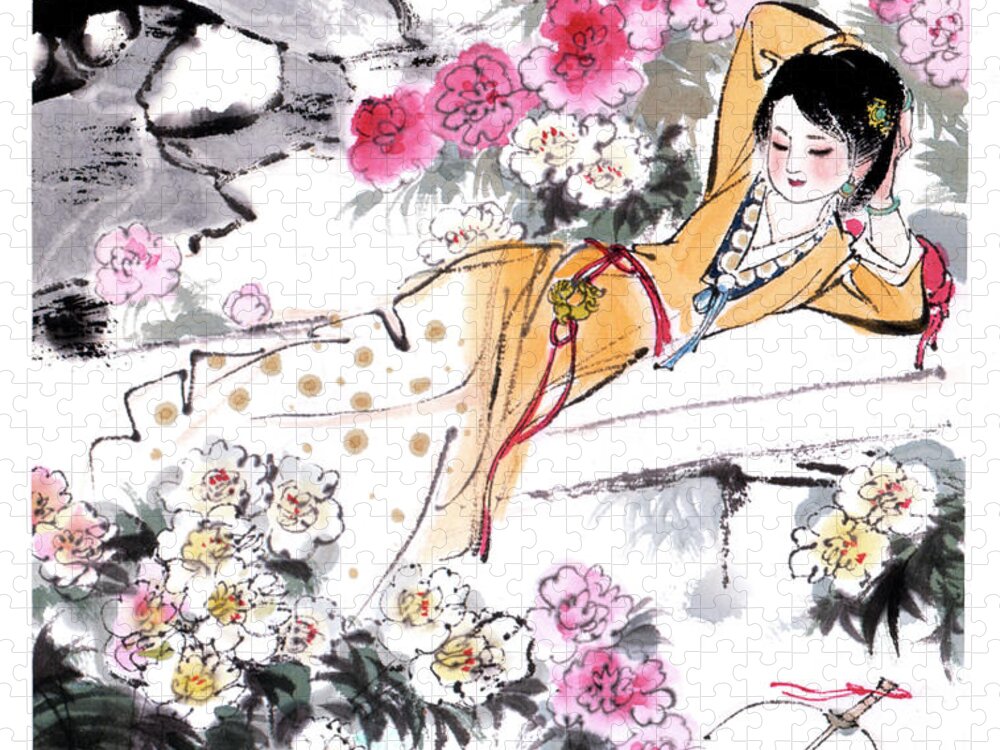 Liu Danzhai Jigsaw Puzzle featuring the painting Dream of the Red Chamber - Woman Laying In Garden by Liu Danzhai