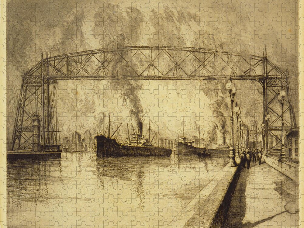 Duluth Jigsaw Puzzle featuring the drawing Duluth Aerial Transfer Bridge, 1928 by Louis Orr