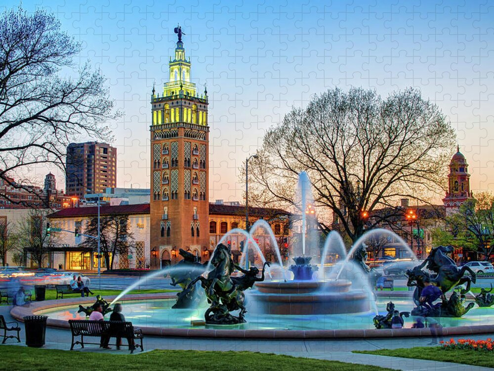 America Jigsaw Puzzle featuring the photograph Dusk at J.C. Nichols Memorial Fountain - Kansas City Plaza by Gregory Ballos